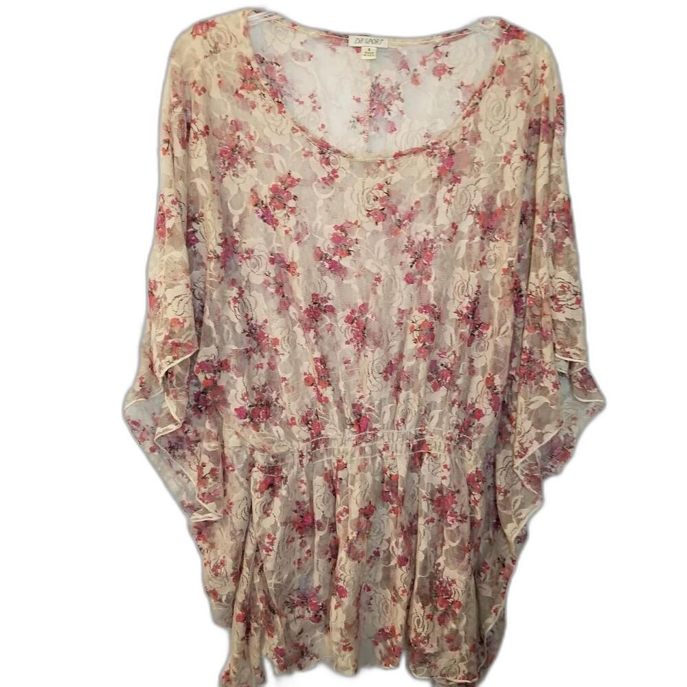 DB Sport Retro Vintage Floral Sheer Smocked Top Blouse Fairy Y2k Lace Oversized